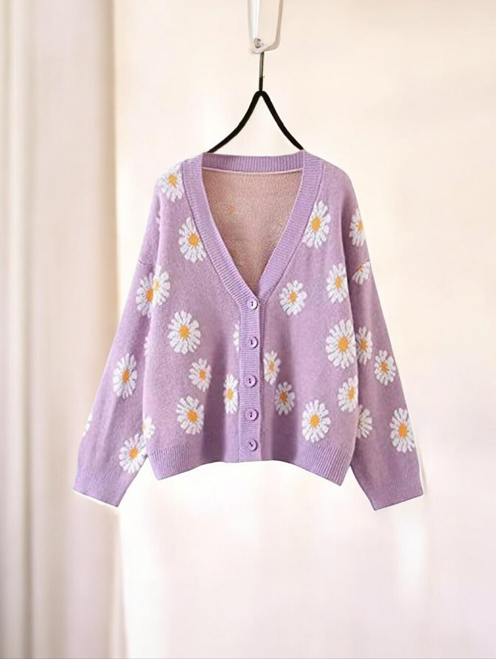 Lilac Daisy V-Neck Button Cardigan Sweater - Women